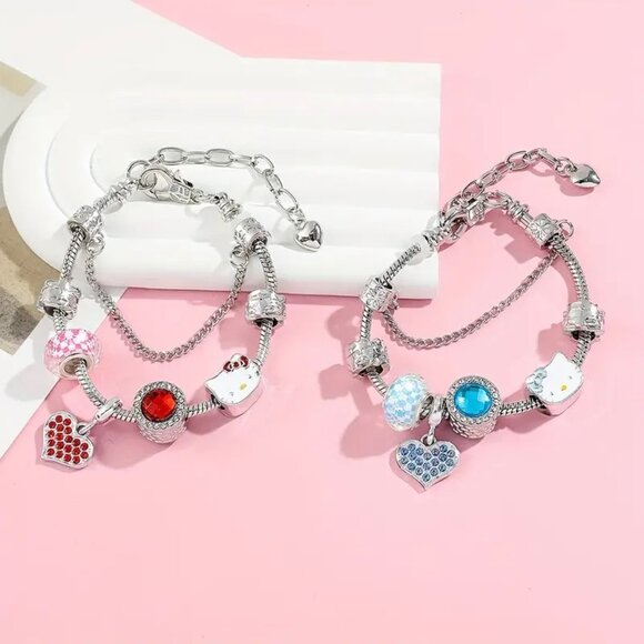 Charm Bracelet Hello Kitty Rhinestone Blue Red Double Emo Stylish Trendy Glam - Picture 1 of 6